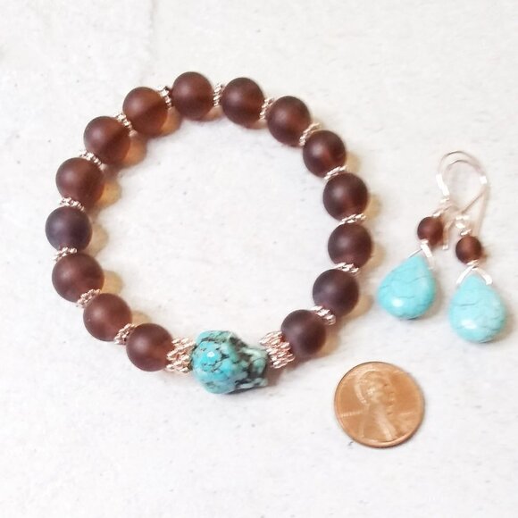🎁🎁🎁 GIFT WORTHY ~ Beaded Bracelet + Earring Set! Turquoise + Brown + Rosegold - Picture 1 of 8